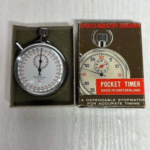 Vtg BEAUWYN 7 Jewel 1/10 Swiss Pocket Timer Mechanical Stopwatch Box Switzerland - Picture 1 of 8